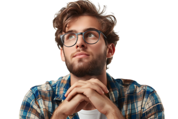 Portrait of man wear stylish shirt eyewear thoughtfully hold laptop on transparent background
