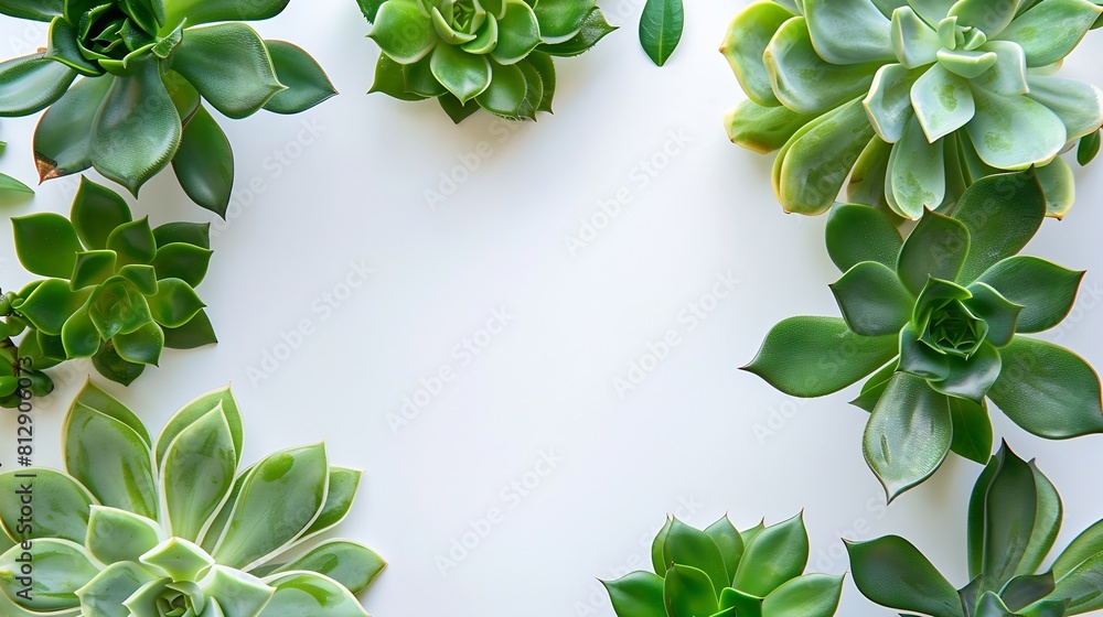 Aufkleber Frame elements creative layout of succulent green leaves with beautiful texture with note paper macro card flat lay nature concept copy space : Generative AI