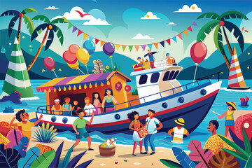 People standing on top of beach next to a boat, enjoying the view and socializing, Boat party Customizable Cartoon Illustration