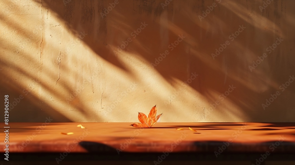 Poster a minimalist autumn landing on a brown table and shadows on the wall : generative ai