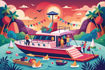 Fototapeta premium The painting depicts a group of people enjoying a ride on a boat in the water, Boat party Customizable Semi Flat Illustration