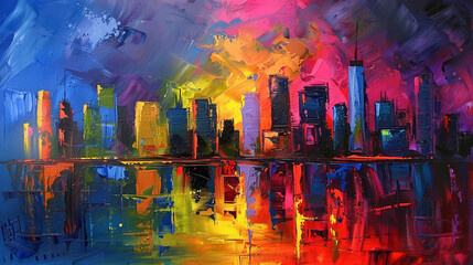 A colorful cityscape with a lot of buildings and a lot of oil paint splatters