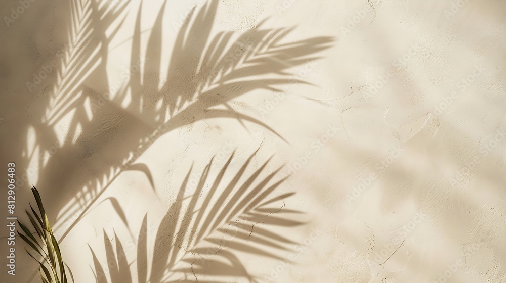 Poster minimal product placement background with palm shadow on beige plaster wall luxury summer architectu