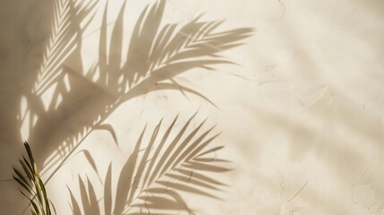 Obraz premium Minimal product placement background with palm shadow on beige plaster wall Luxury summer architecture interior aesthetic Boho home room for product platform stage mockup : Generative AI