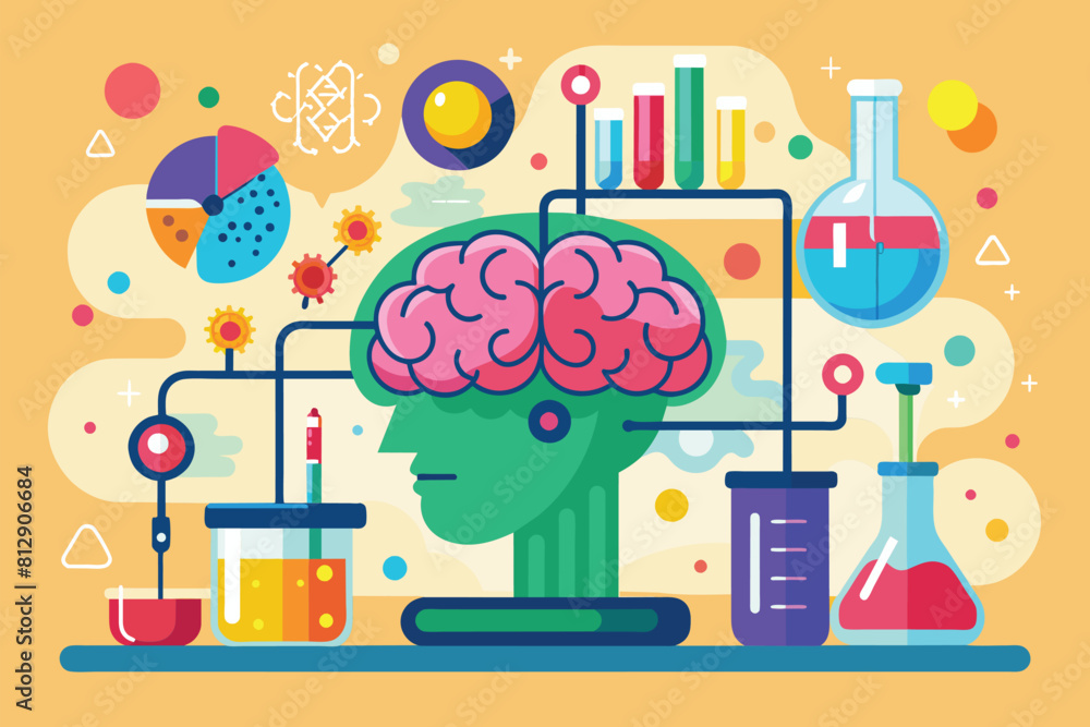 Aufkleber illustration of a mans head with a brain surrounded by various flasks and beakers in a customizable 