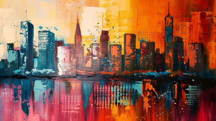 Fototapeta premium A colorful cityscape with a lot of buildings and a lot of oil paint splatters