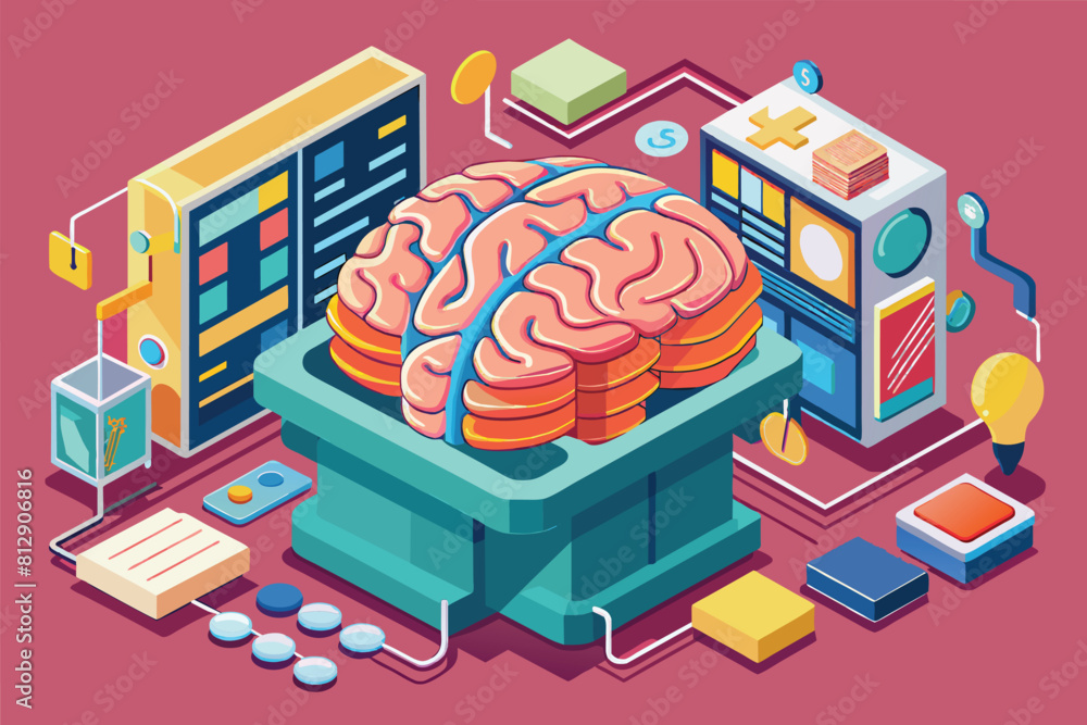 Poster a customizable isometric illustration showing a brain placed on top of a computer, brain organ custo