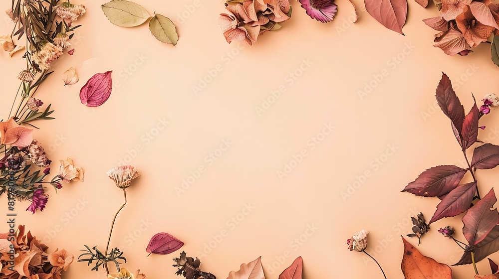 Poster autumn composition photo frame dried flowers and leaves on pastel beige background autumn fall conce