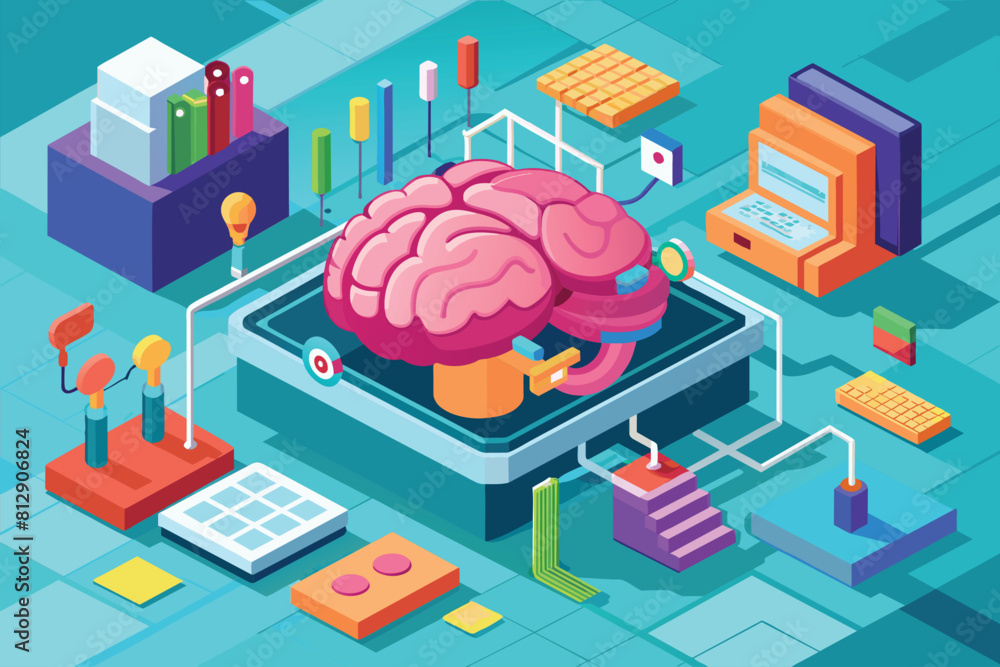 Poster a pink brain displayed on a computer screen, showcasing a customizable isometric illustration, brain