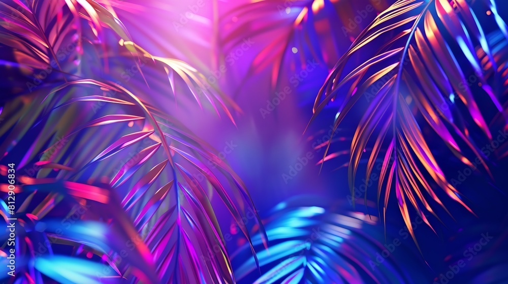 Wall mural tropical and palm leaves in vibrant bold gradient holographic neon colors concept art minimal surrea