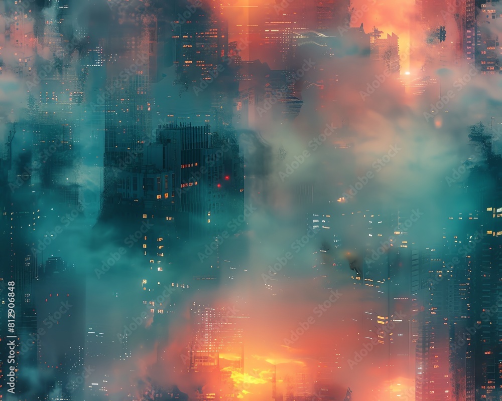 Aufkleber capture a wide-angle view of a dystopian cityscape painted in soft, dreamy impressionistic strokes, 