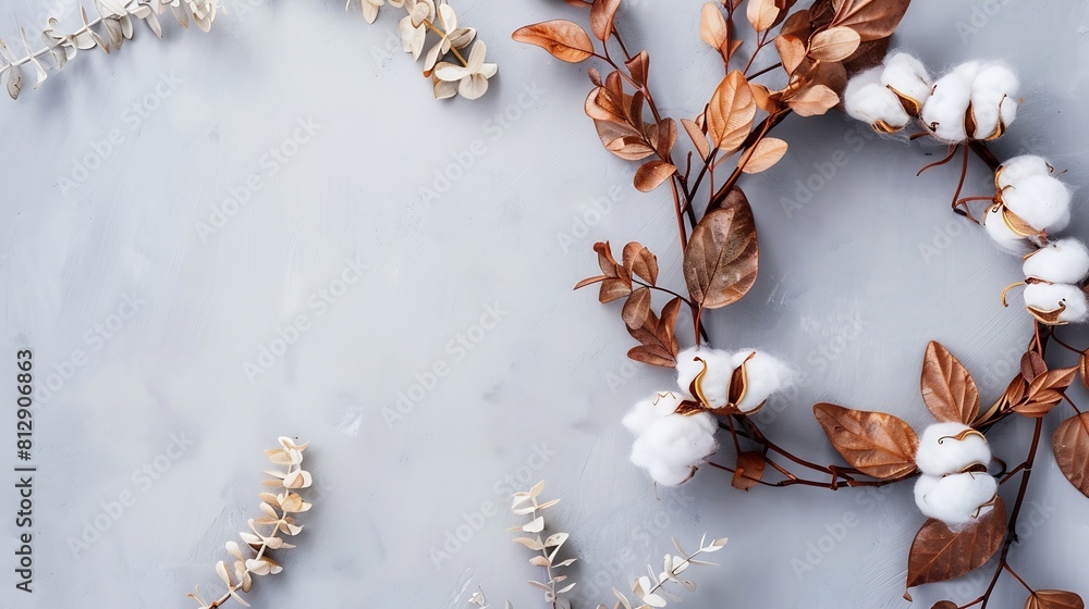 Poster autumn composition wreath made of eucalyptus branches cotton flowers dried leaves on pastel gray bac