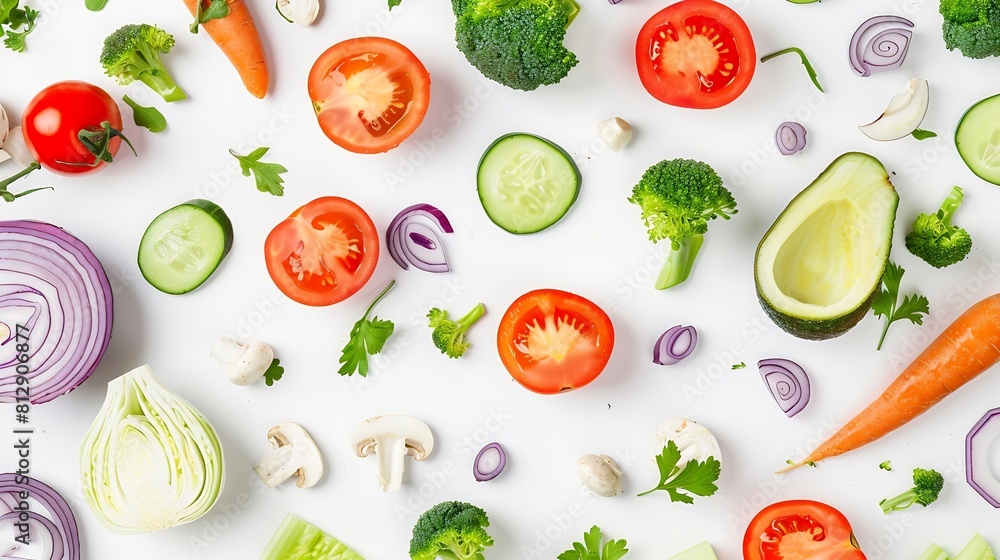 Poster creative layout made of cabbage avocado tomato onion broccoli mushrooms corn carrot and cucumber on 