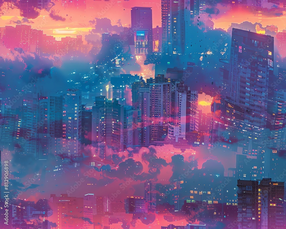 Aufkleber capture a wide-angle view of a dystopian cityscape painted in soft, dreamy impressionistic strokes, 