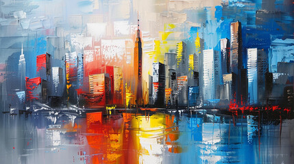 A colorful cityscape with a lot of buildings and a lot of oil paint splatters