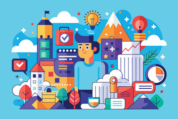 A man stands in front of a blue background adorned with various icons, Brand construction Customizable Flat Illustration