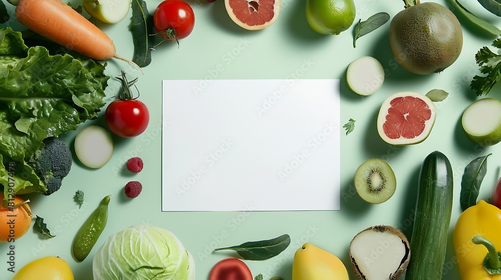 Poster creative layout made of various fruits and vegetables with white paper card flat lay food concept : 