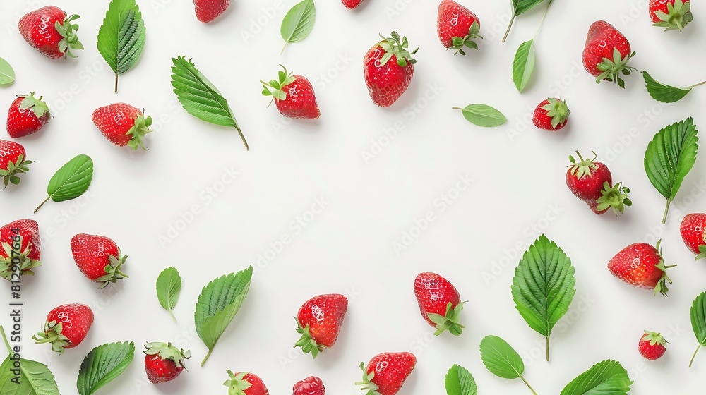 Poster fresh strawberry fruits and leaves composition and creative border on white background healthy eatin