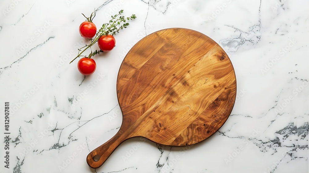 Leinwandbilder round empty wooden charcuterie serving board with handle on a white or gray marble table top view ki