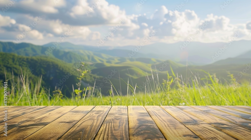 Aufkleber Wooden table top on blur mountain and grass fieldFresh and Relax conceptFor montage product display or design key visual layoutView of copy space : Generative AI