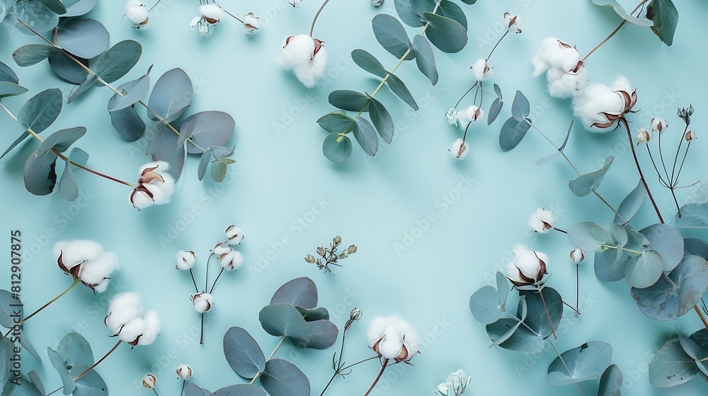 Poster flowers composition pattern made of cotton flowers and eucalyptus branches on pastel blue background