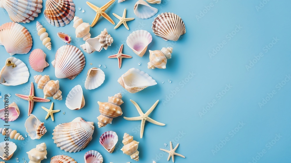 Poster flat lay top view frame of shells of various kinds on a blue background seashells and starfish on a 