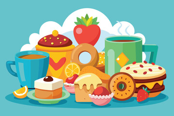 Various breakfast foods displayed on a table in a customizable cartoon illustration, Breakfast food Customizable Cartoon Illustration