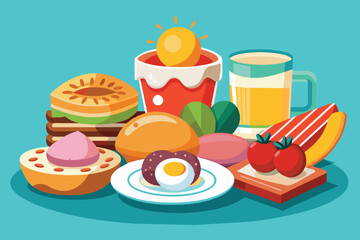 A variety of food items laid out on a table, creating a diverse and inviting spread, Breakfast food Customizable Disproportionate Illustration