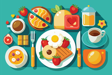 A plate filled with breakfast food items, such as eggs, bacon, toast, and coffee, placed on a wooden table, Breakfast food Customizable Flat Illustration