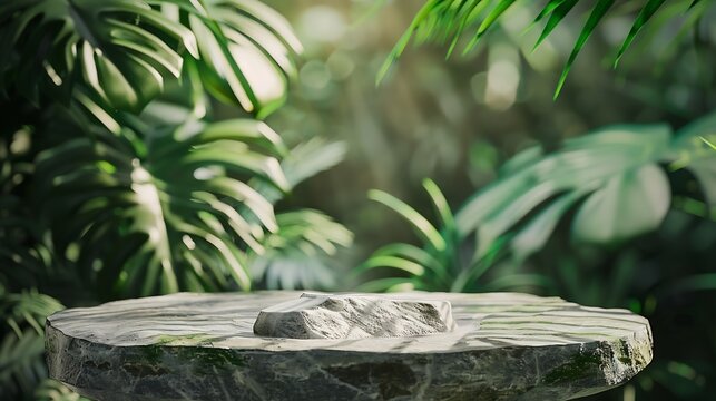 Stone podium table top outdoors blur green monstera tropical forest plant nature backgroundBeauty cosmetic healthy natural product placement pedestal displayspring or summer jungle par : Generative AI