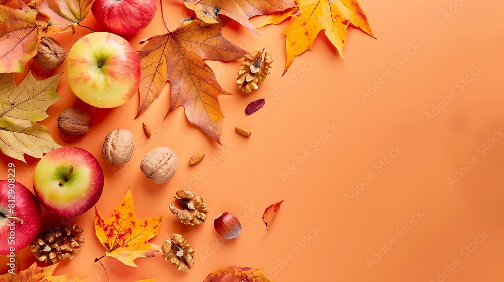 Poster Autumn flat lay with bright colorful maple leaves  with apple and nuts on orange background Top view and copy  space : Generative AI