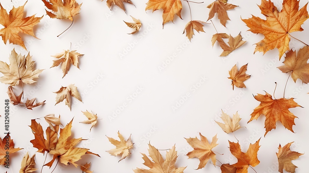 Poster Autumn composition Frame made of autumn maple leaves on white background Flat lay top view copy space : Generative AI