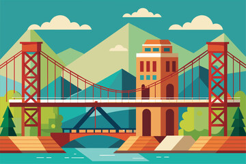 Naklejka premium Bridge over water with mountains in background, Bridge construction Customizable Flat Illustration