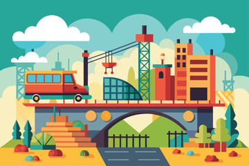 Naklejka premium A city scene featuring a bridge with a bus crossing it, Bridge construction Customizable Flat Illustration