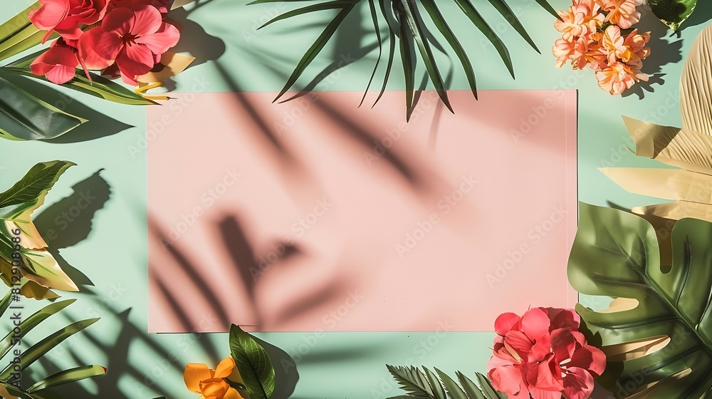 Poster creative layout made of flowers and leaves with paper card note flat lay nature concept : generative
