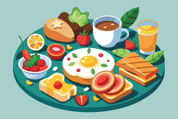 A plate of breakfast food including eggs, bacon, and toast, served with a cup of coffee, Brunch food Customizable Semi Flat Illustration