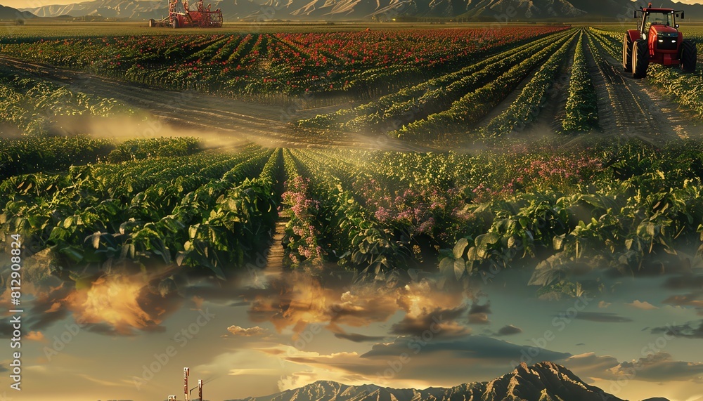 Poster Explore eye-level views of futuristic agricultural technology rendered in a dreamlike surreal setting Incorporate unexpected camera angles to showcase innovation and wonder