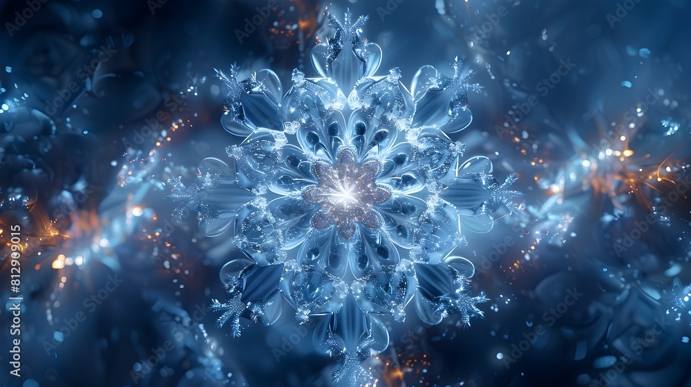 Aufkleber Elegant Deconstructed Snowflake Design in Frosty Blues and Silvers with Dynamic Tessellating Polygons on Plain Background with Lighting Effects