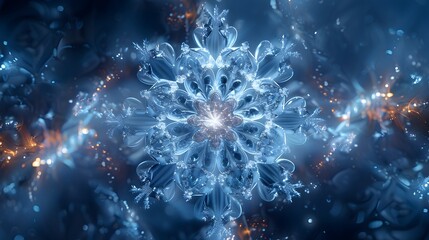 Obraz premium Elegant Deconstructed Snowflake Design in Frosty Blues and Silvers with Dynamic Tessellating Polygons on Plain Background with Lighting Effects