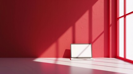 A laptop is sitting on a table in a room with a red wall and a window