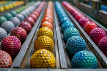Colorful Golf Balls Arranged in Rows on Track for Selection
