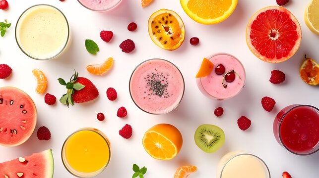 Creative layout made of smoothies and fruits around Flat lay Food concept Smoothies on the white background with watermelon strawberries apricot orange raspberry dragonfruit and grapef : Generative AI