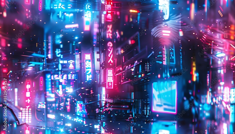 Poster immerse in a neon-lit cyberpunk cityscape rendered with bold shapes and digital glitches experiment 