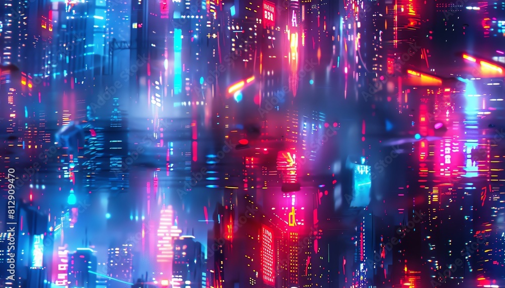 Poster immerse in a neon-lit cyberpunk cityscape rendered with bold shapes and digital glitches experiment 