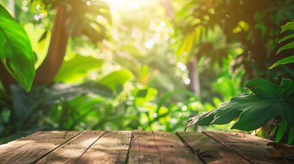 Obraz premium Wood tabletop podium floor in outdoors tropical garden forest blurred green leaf plant nature backgroundNatural product placement pedestal stand displayjungle paradise concept : Generative AI