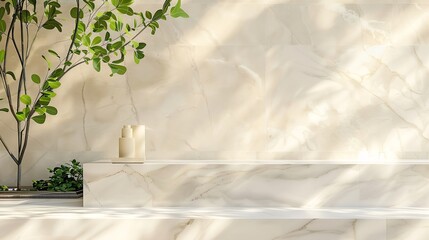 Original template for spa product presentation Pedestal of marble slabs and branches with green leaves  against  background of wall in bathroom with masonry in light beige colors : Generative AI