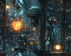 In a steampunk world, a clockwork heart beats beneath a glass dome as two androids hold hands among gears and flying contraptions, a secret love affair under the moonlight