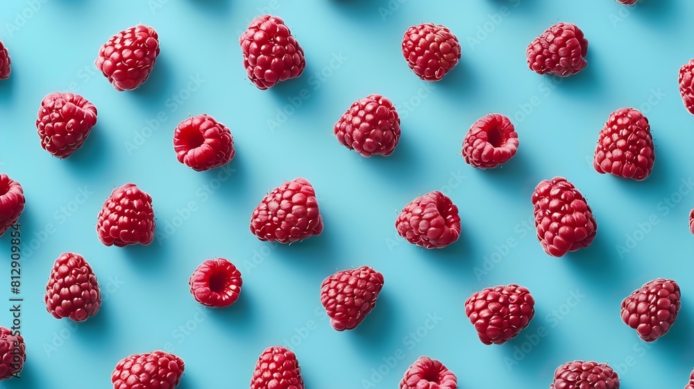 Aufkleber Colorful pattern of raspberries on blue background From top view : Generative AI
