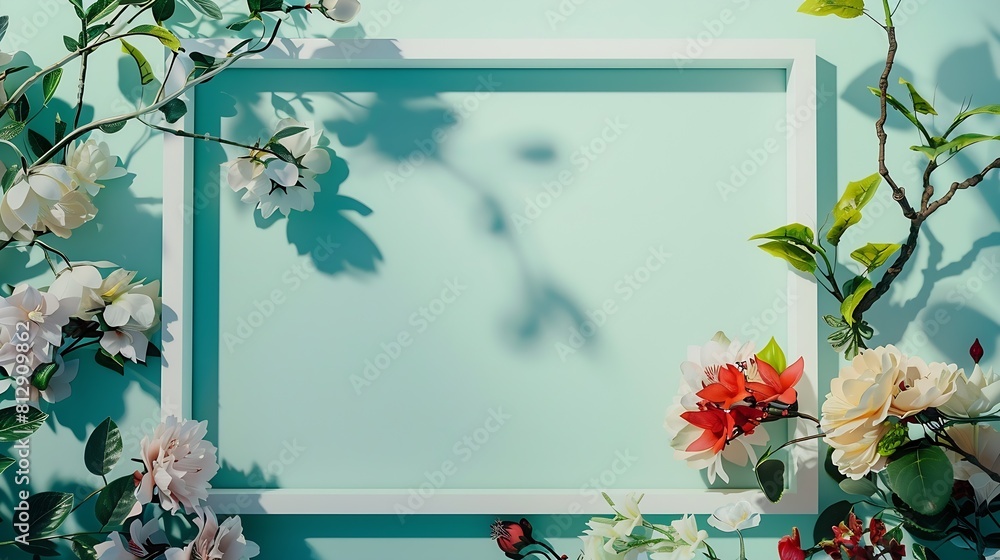 Poster Creative layout made with flowers and white frame Spring minimal concept Nature background : Generative AI