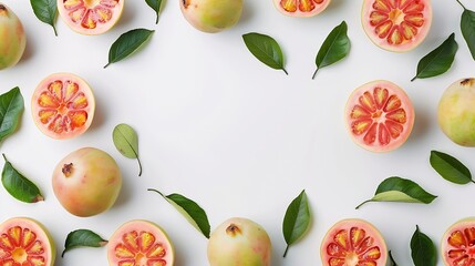 Creative layout made of guava on the white background Flat lay Food concept Macro concept : Generative AI